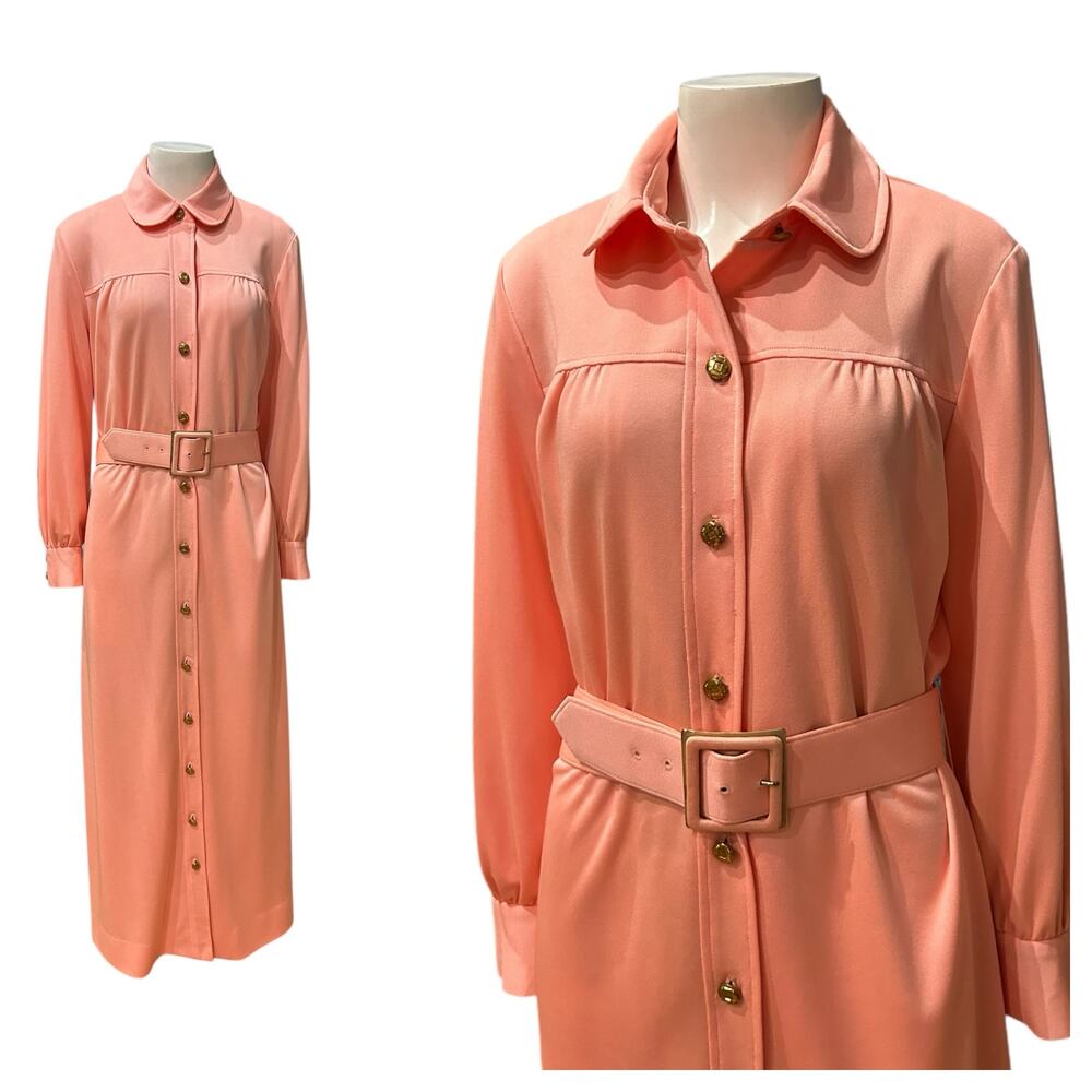 Vintage 1970s Coral Belted Maxi Dress Long Sleeve Shirt Dress / Large -